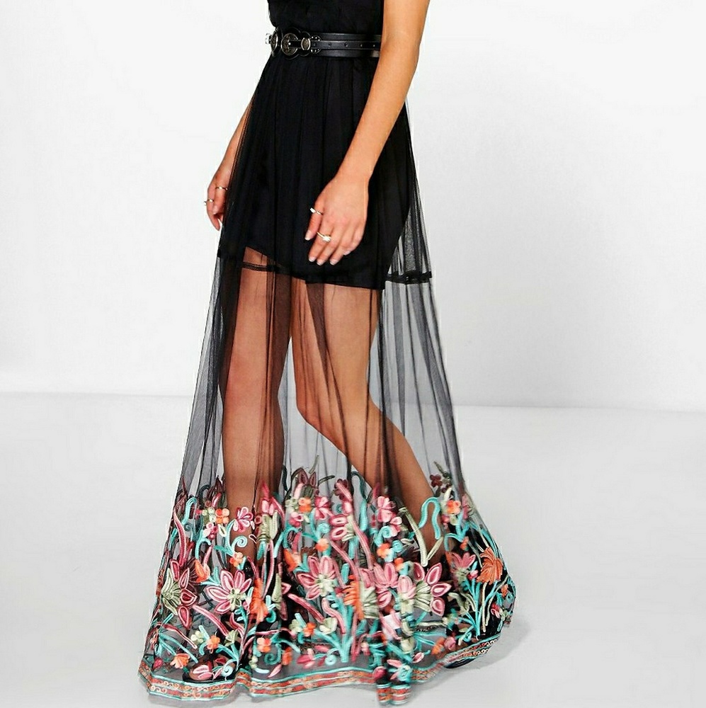 Boutique Embroidered Hem Mesh Maxi Dress